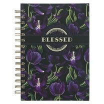Christian Art Gifts Journal w/Scripture Floral Blessed Luke 1:45 Bible Verse Black Purple 192 Ruled Pages, Large Hardcover Notebook, Wire Bound
