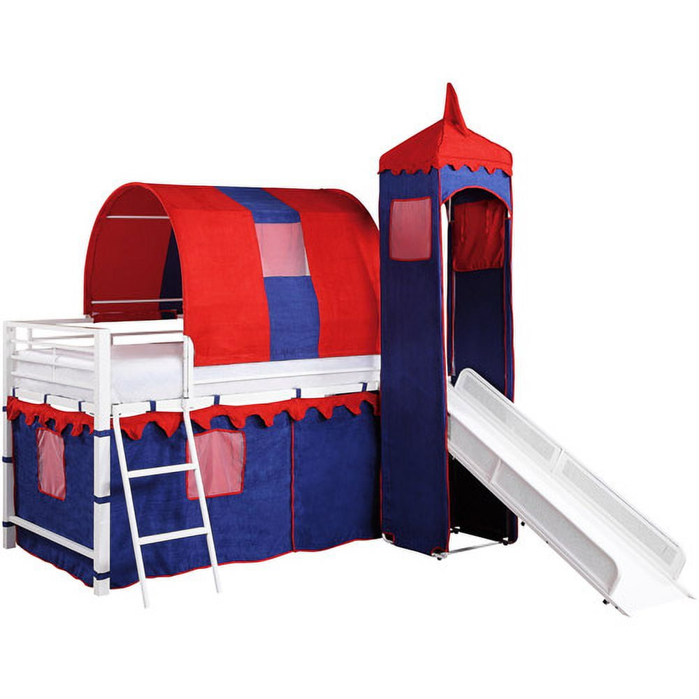 Castle Tent Twin Metal Loft Bed with Slide & Under Bed Storage, White