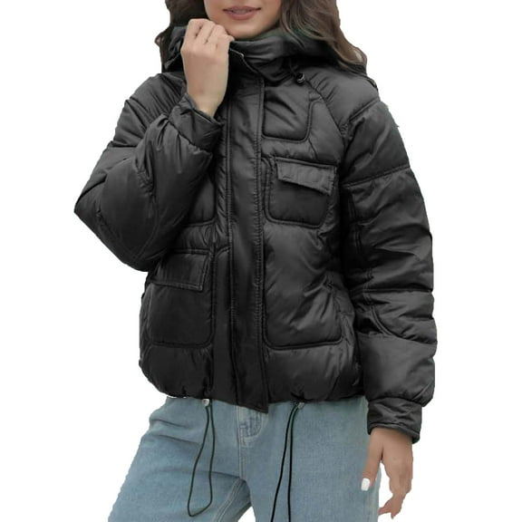 HAiming Women's Puffer Jacket Solid Long Sleeve Button Zip up Hooded Cotton Coats Winter Casual Outwear with Pocket
