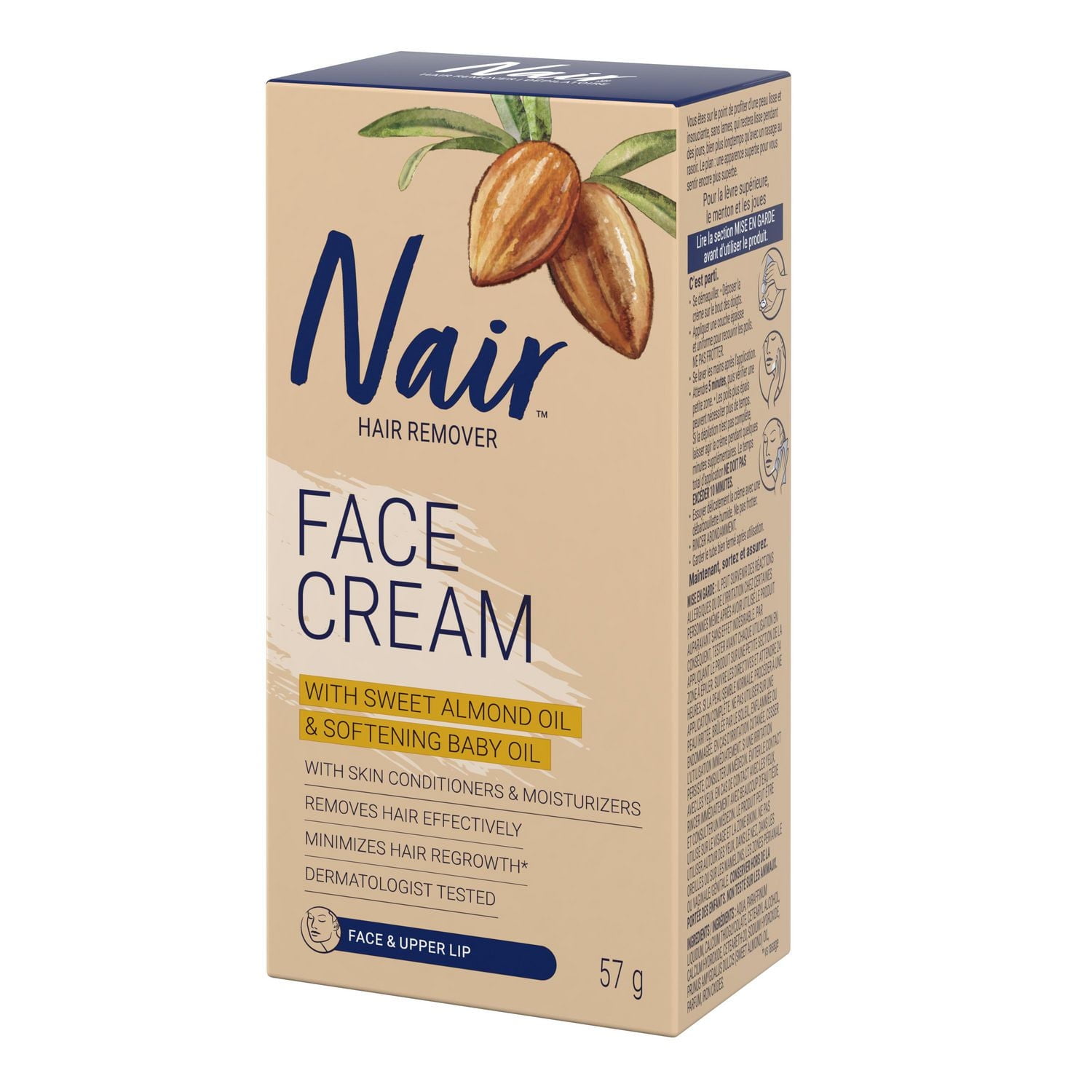 Nair Hair Removal Cream for Face & Upper Lip with Sweet Almond Oil and Baby Oil, 57 g