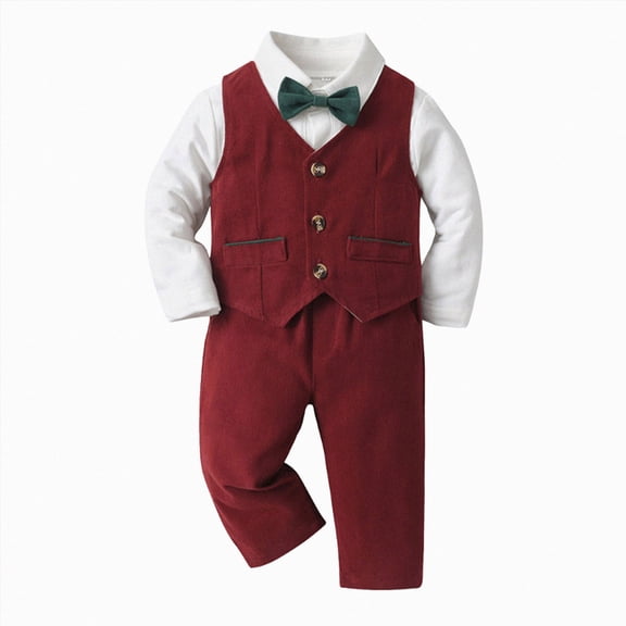 Kakishop Baby Boys Gentleman Outfits Suits,Toddler Boy Clothes Formal,Kids Dress Shirt Bow Ties Pants Set (Red,12-18 Months)
