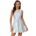 thumbnail image 1 of Vestido acampanado holográfico de cintura alta y cuello redondo sin mangas metálico para mujer Plata L, 1 of 6