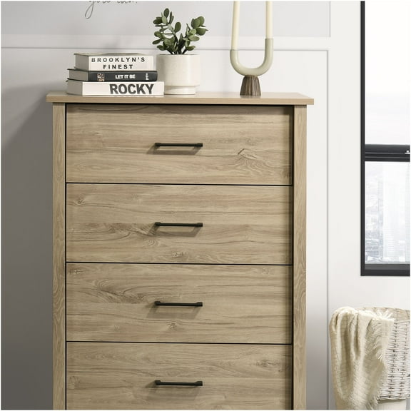 JERFIT 32 Inch Light Oak 4-Drawer Dresser Chest with Black Handles, Bedroom Storage Cabinet Organizer