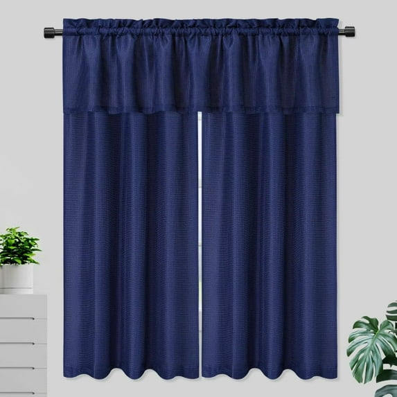 Haperlare 3 Pcs Kitchen Curtain and Valance Set 45 inch Length Waffle Weave Textured Blackout Short Curtain Set, Navy Blue