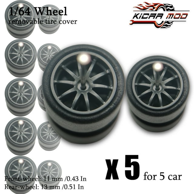 1/64 Front Small Rear Big Wheels with Detachable Slick Rubber Tires for Model Cars Refiting Parts for Hotwheels (5 Sets) RLCBS008