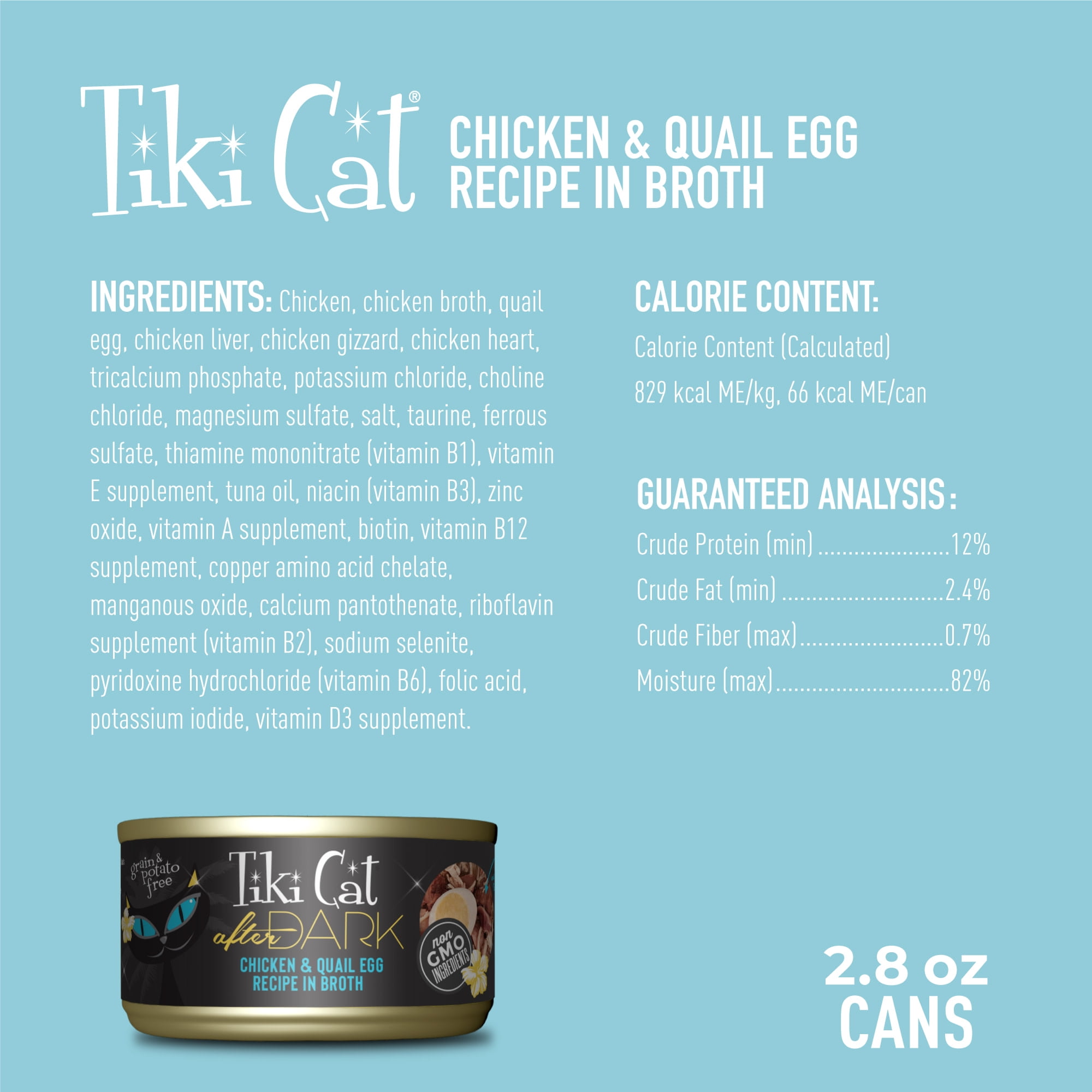 (2 pack) Tiki Cat After Dark Whole Foods Wet Cat Food, Chicken & Quail Egg, Multi Pack, 2.8 oz. Can (24 Count)