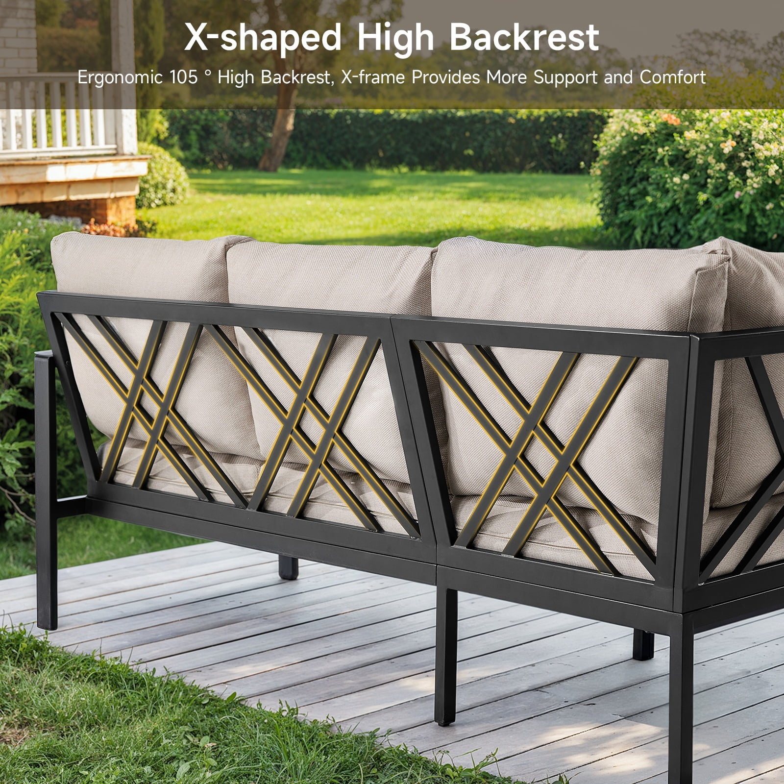 Onbrill Patio Furniture Set, 6 Pcs L-Shaped Metal Outdoor Sofa W/5.5" Cushion, Coffee Table, Beige