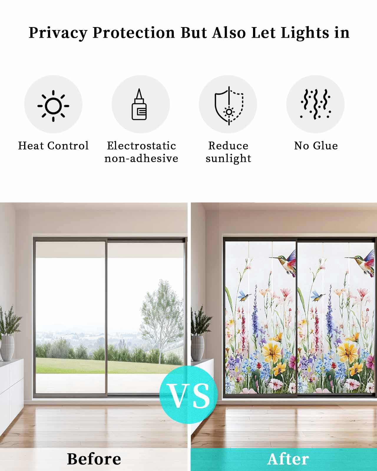 Window Privacy Film Hummingbird Floral Stained Glass Window Film Decorative Sun Block Window Cover Farmhouse Floral Botanical Window Clings Static Adhesive Sticker for Bathroom 29.5"x78.7"