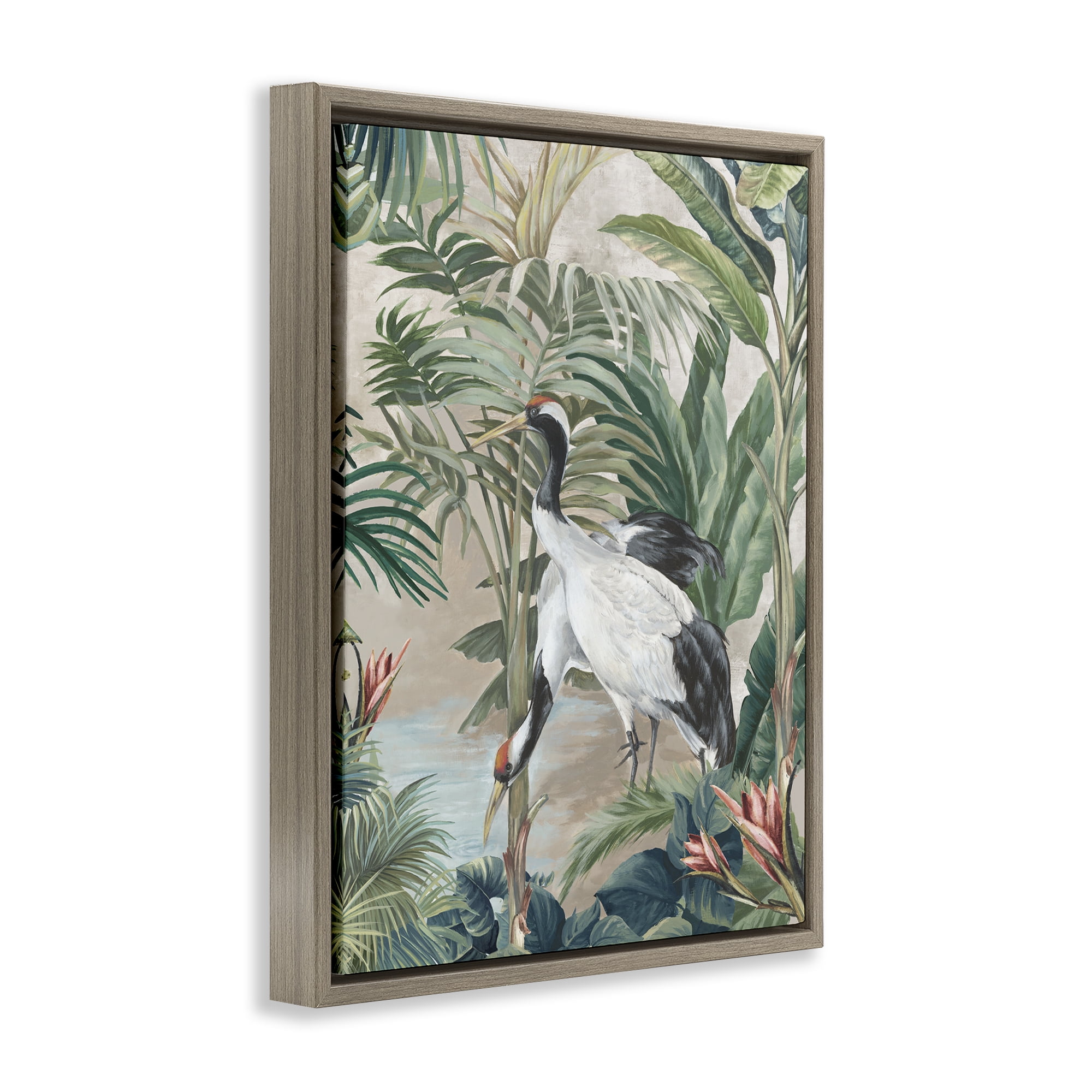 Stupell Industries Tropical Oasis Cranes Animals Painting Brown Floater Framed Canvas Art Print Wall Art, 25 x 31