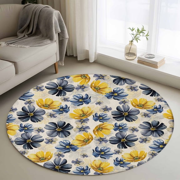 Round Area Rug 3.3 Ft, Yellow Floral Washable Non-Slip Circle Carpet for Living Room/Bedroom, Pastoral Pastel Blue Daisy Wildflower Low-Profile Small Kitchen Mats Collection Rugs for Indoor
