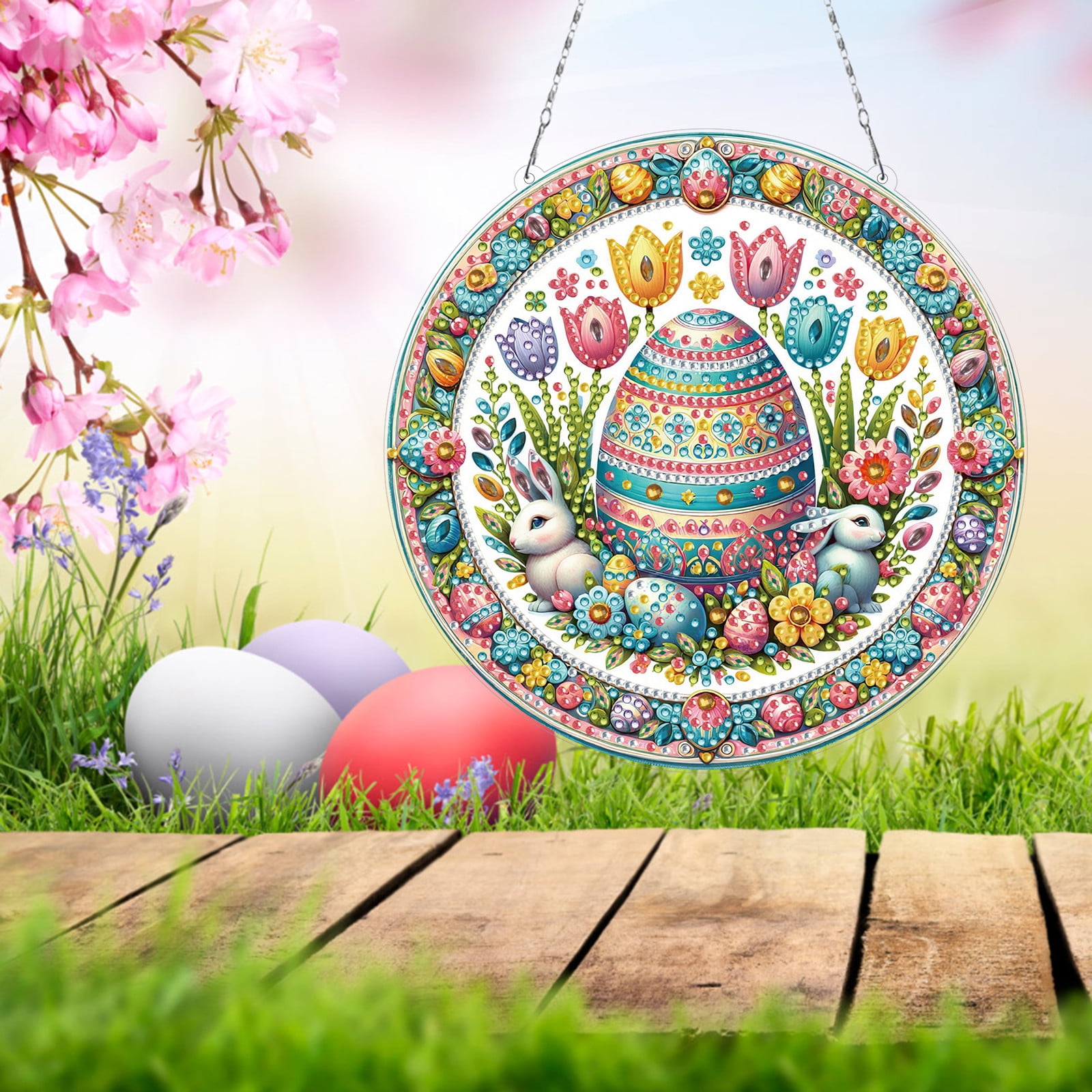 FLOPESN Circular Traditional-Style DIY Diamond Art Painting Pendant Easter Creative Design PET Material Home Decor Pendant