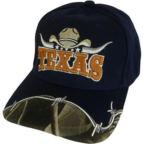 Texas Longhorn Cowboy Hat Barbed Wire Adult Size Adjustable Baseball Cap (Navy Blue)