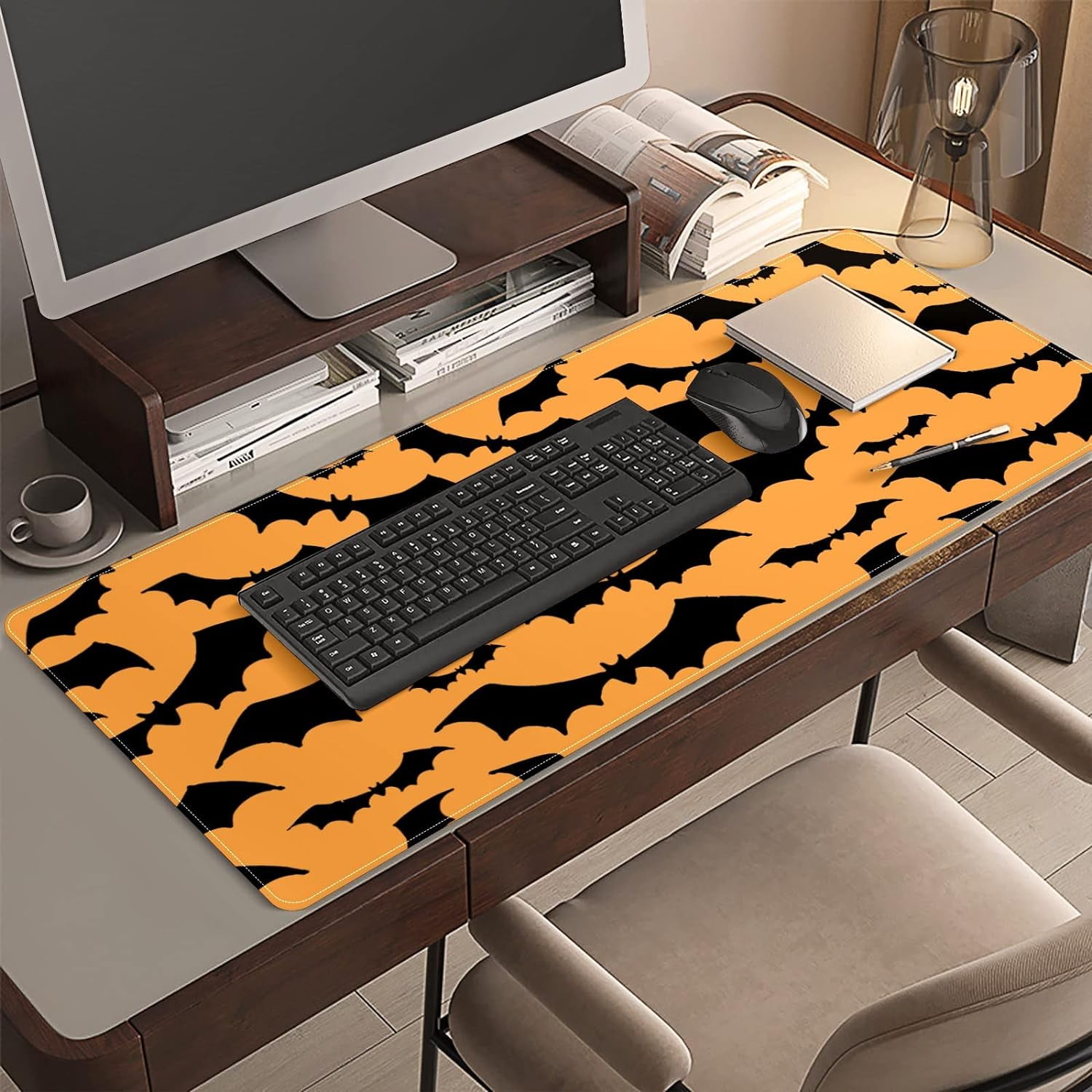 Halloween Black Bats Desk Mat, Desk Accessory, Cute Workspace, Trendy Workspace, Trendy, 35.4x15.7in Large Gaming Mouse Pad, Cute Desk Topper, Pretty Desk Pad