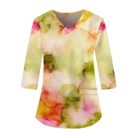 

BallsFHK Fashionable V-neck Women s Short Sleeved 3/4 Sleeved Work Clothes Pocket Printed Loose Tops