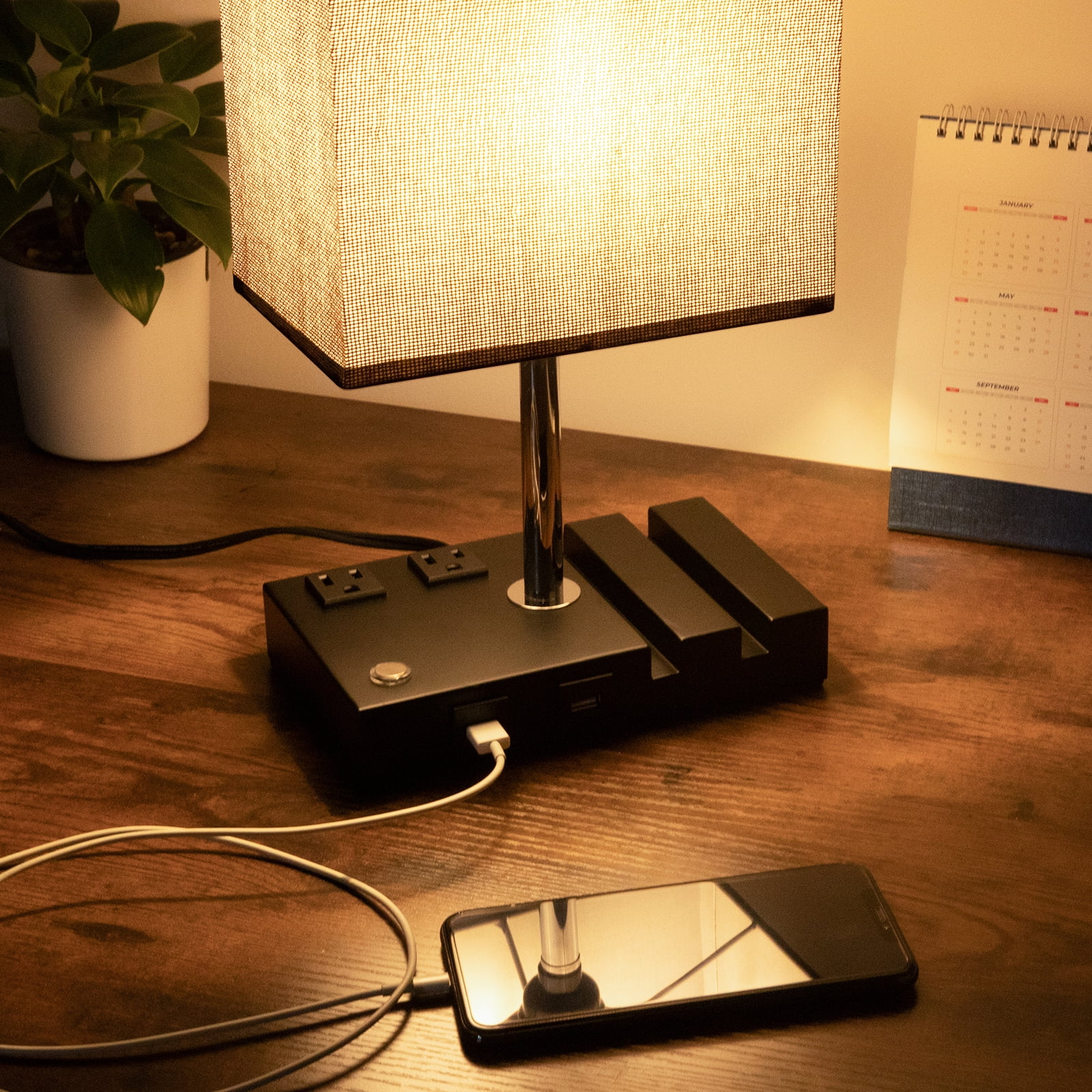 Kepooman Dimmable Table Lamp with 2 Phone Stands & Grey Fabric Shade for Bedroom Living Room Kepooman Dimmable Table Lamp with 2 Phone Stands & Grey Fabric Shade for Bedroom Living Room