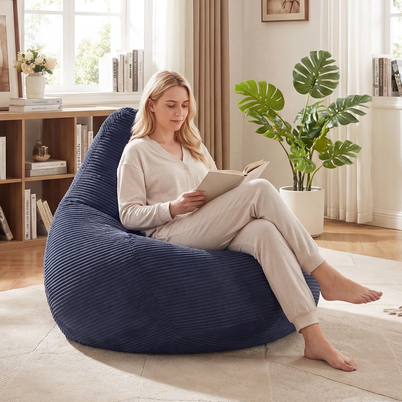 Costway Bean Bag Chair for Adults with Skin-friendly Corduroy Cover & Soft Sponge Filling Blue