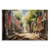 Stupell Industries American Flag Lined Street Scenic & Cityscapes Painting Unframed Art Print Wall Art, 19 x 13