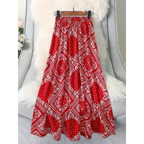 Red Paisley Bandana Print Elastic Waist Flowing A-Line Maxi Skirt For Women Casual Summer Vacation Skirt