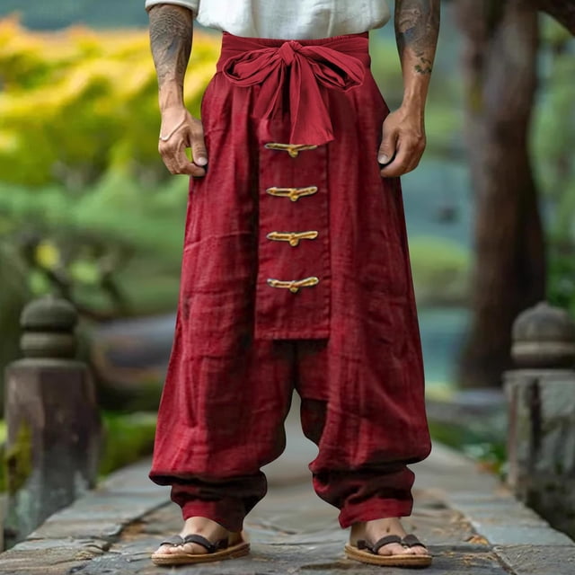 Ceisia Men's Gift Loose Wide-leg Chinese Frog Button Lantern Pants Mid-Rise Tie Waist Flax Cuffed Ankles Pants