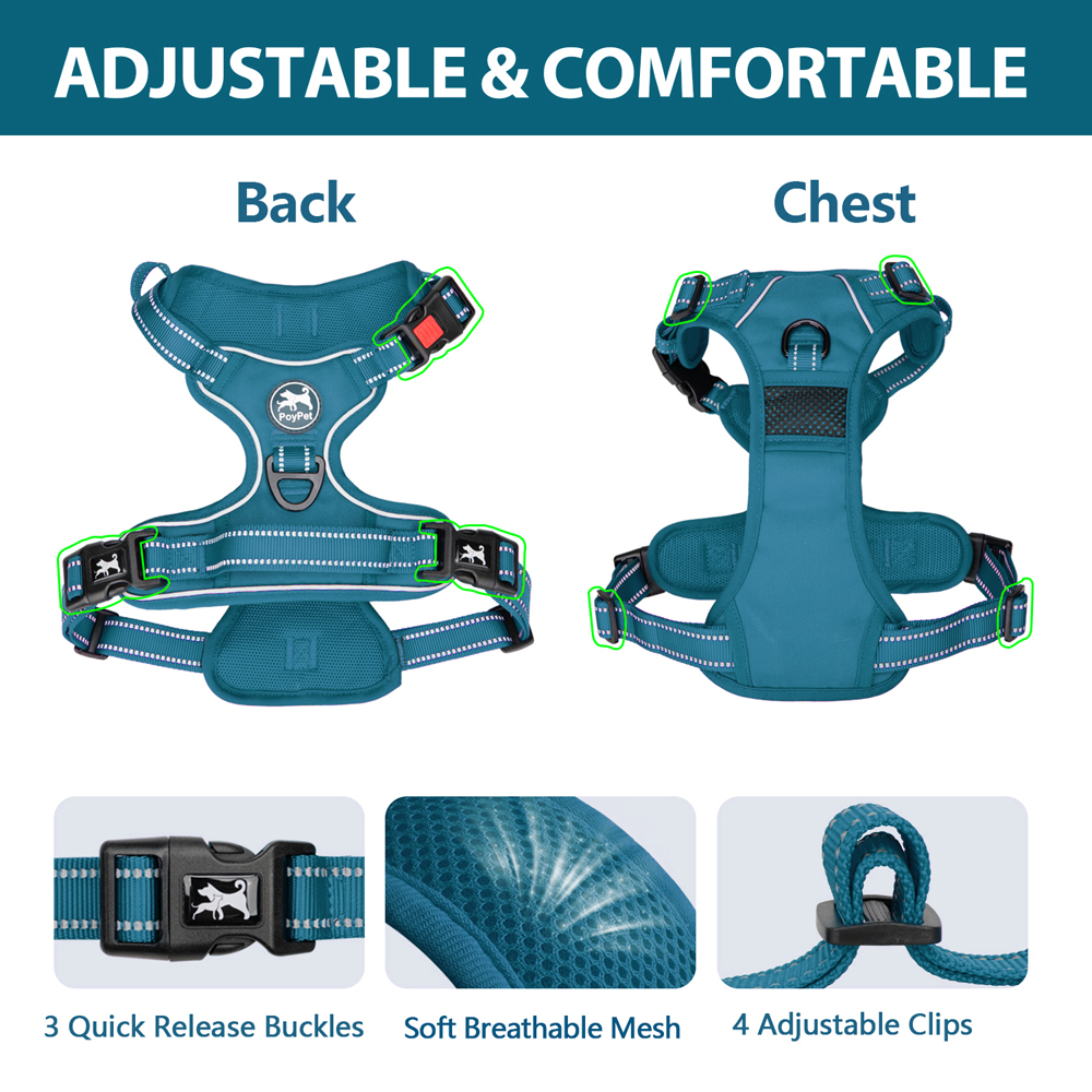 PoyPet Reflective No Pull Dog Harness, Teal, Medium photo 8