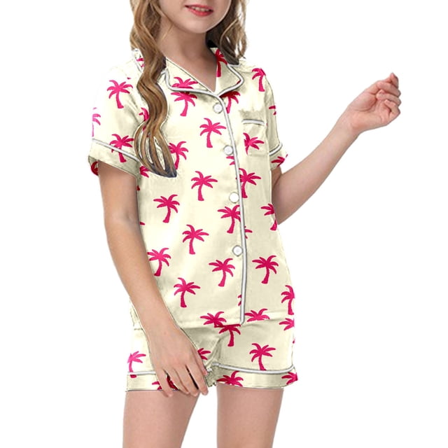 XDZJLR Ensemble d'Anniversaire Fille, Ensemble de Pyjamas 2 Pcs Imprimé Graphique Manches Courtes Chemise à Boutons Shorts Ensemble de Pyjama Mode Extérieur, 9-10 Ans