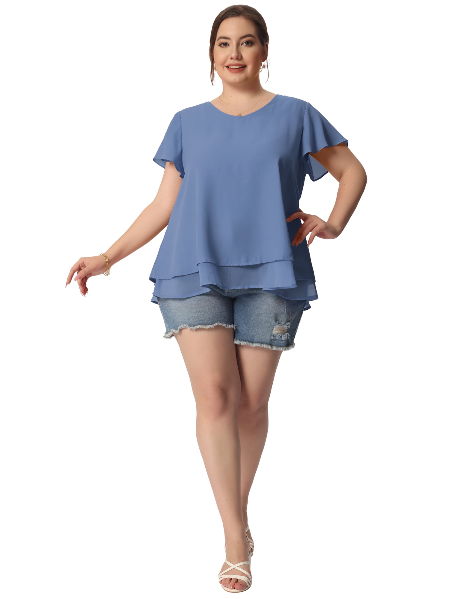 DARING DIVA Women's Plus Size Ruffle Short Sleeve V Neck Chiffon Blouse 3X Grey Blue