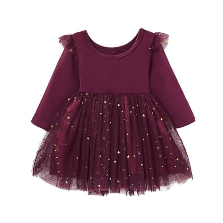 

KIMI BEAR Dress For Toddler Baby Girls 2T Girls Fall Winter Dresses Solid Color Long Sleeve Mesh Dress 2-3T Burgundy