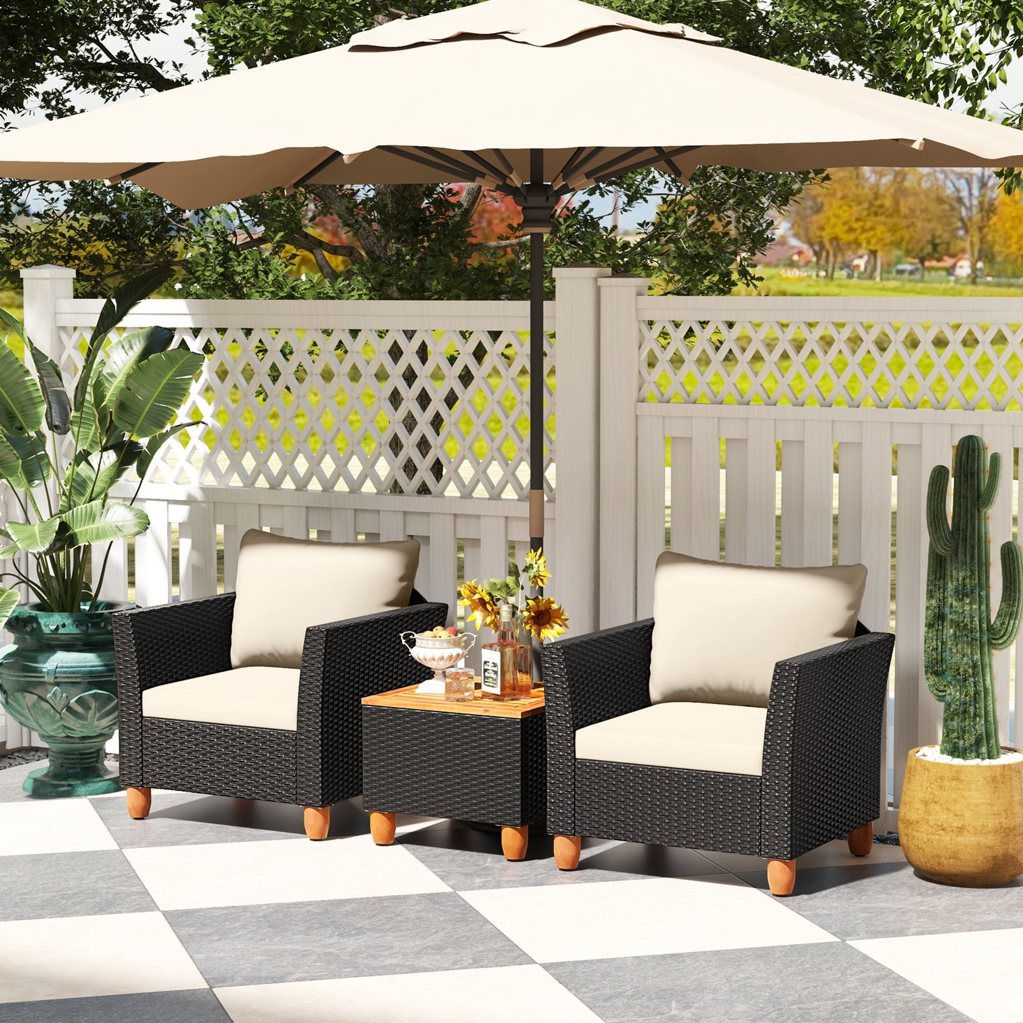 Costway 3PCS Outdoor Patio Rattan Furniture Set Wooden Table Top Cushioned Sofa White Cushion