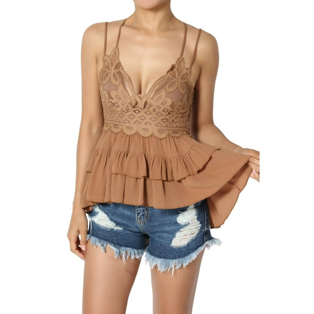 TheMogan Women's PLUS Cross Strap Smocked Back Crochet Lace Ruffle Peplum Cami Top