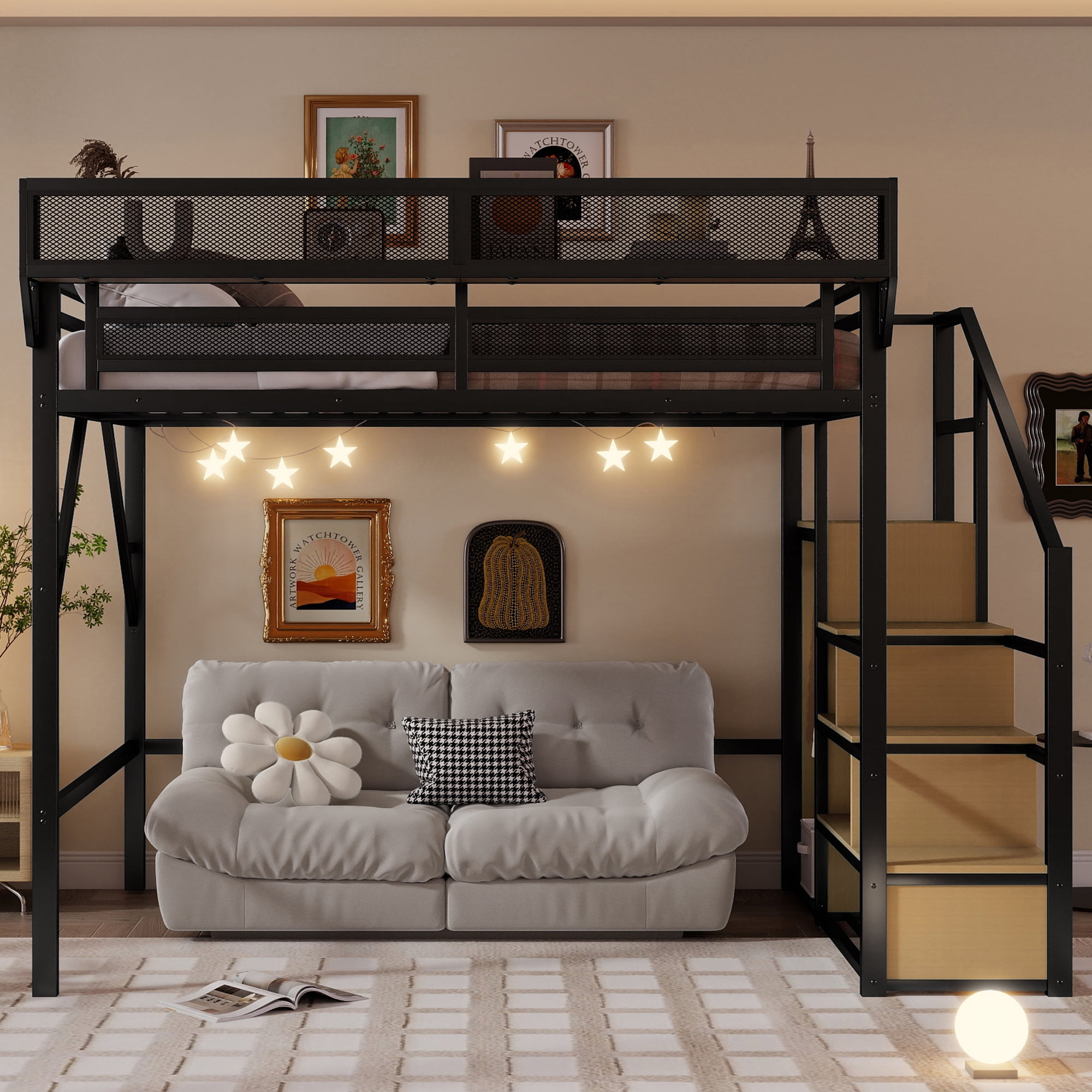 Mirightone Queen Heavy Duty Metal Loft Bed with Stairs, 800 lb Capacity, Storage Shelves and Wardrobe, Black