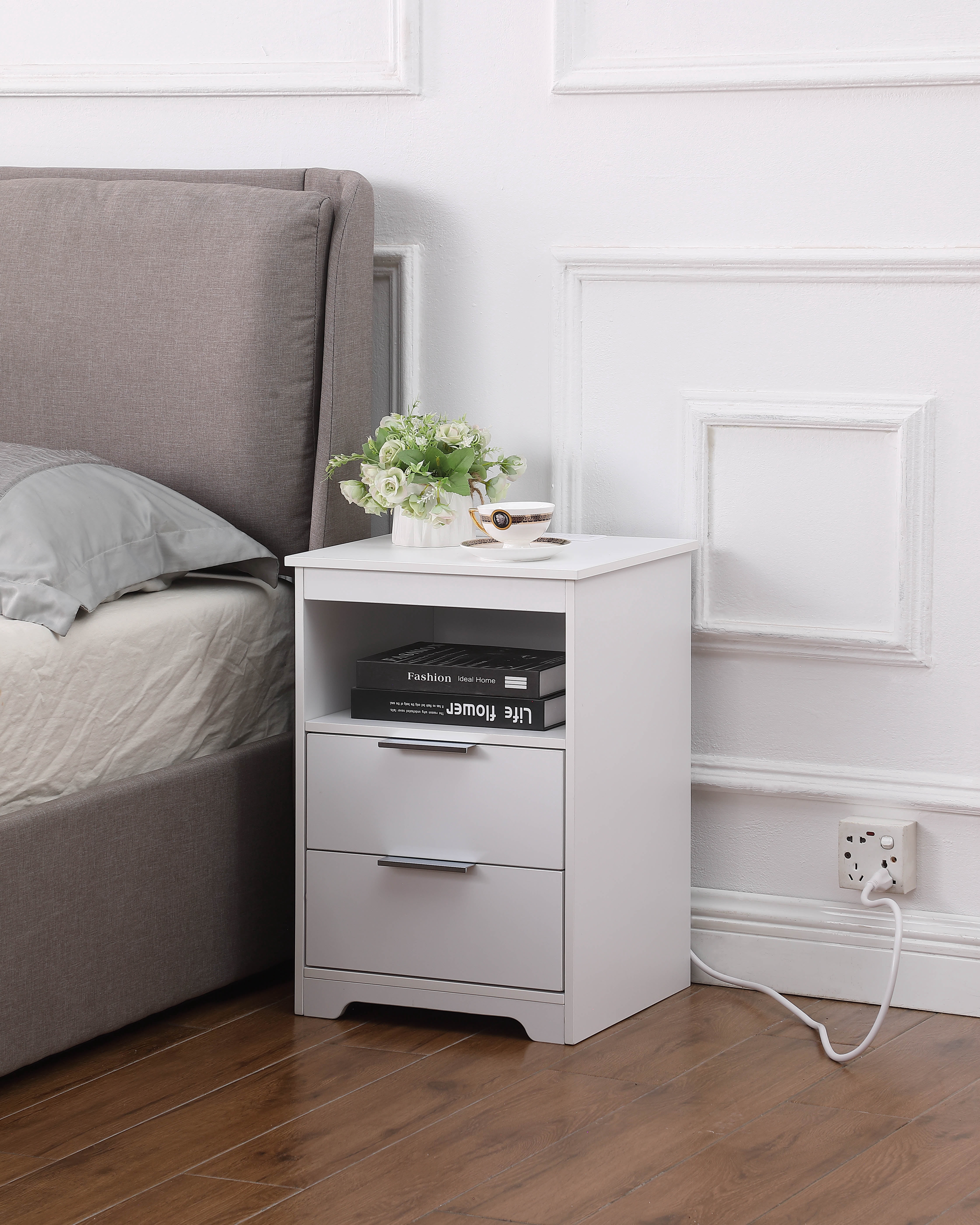 Nightstand with Charging Station,End Table with 2 Drawers,Wooden End Table with Drawer and Opening Shelf,Side Table for Bedroom, White