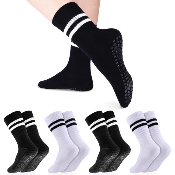4 Pairs Pilates Socks for Women, Long Non Slip Yoga Socks with Grips Crew Socks for Pilates Barre Indoor Yoga Socks