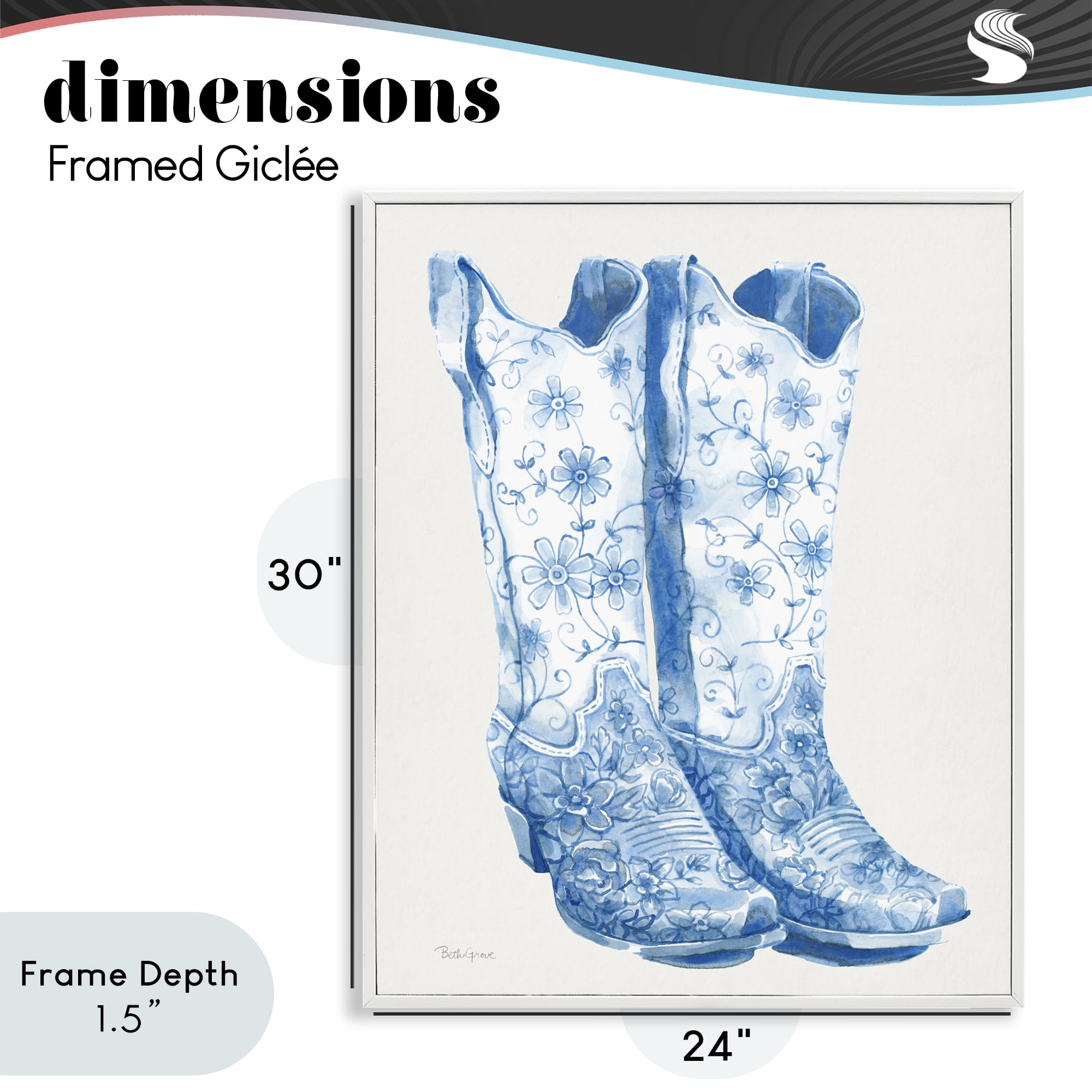 Stupell Industries Blue Boots with Floral Embroidery White Framed Giclee Art, design by Beth Grove