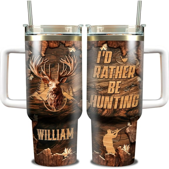 Personalized I'd Rather Be Hunting 40oz Tumbler with Handle Lid and Straw Customized Name Stainless Steel Tumblers Travel Mug Cup Gift Birthday Christmas for Women Her Deer Hunter