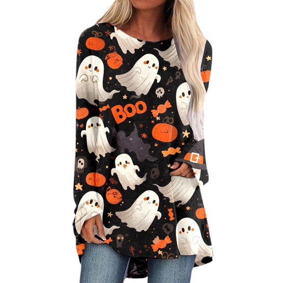 Yuhangmm Womens Halloween Shirt Casual Halloween Print Long Sleeve Pullover Sweatshirt T Shirt Top with Spooky Seasonal Graphic Grey XXXL