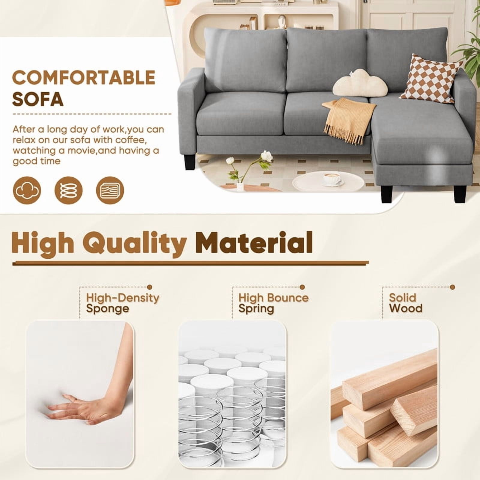 Furmax 70" Convertible Sectional Sofa Couch 3-Seat L-Shaped Small Sofa Couch with Reversible Chaise for Small Living Room, Apartment and Small Space, Linen Gray