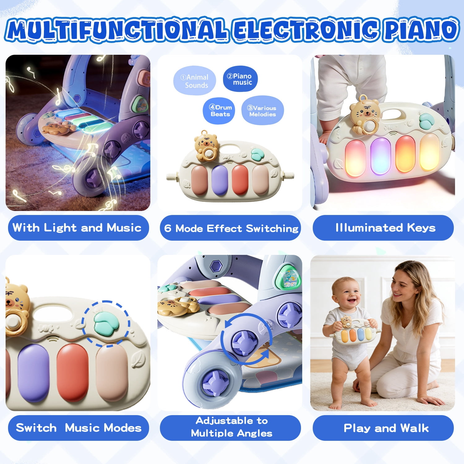 WonderStone 6-in-1 Baby Gym Play Mat, Activity Center Walker with Water Mat, 5 Infant Toys & Portable Musical Piano Panel for Babies 0–12 Months, Blue