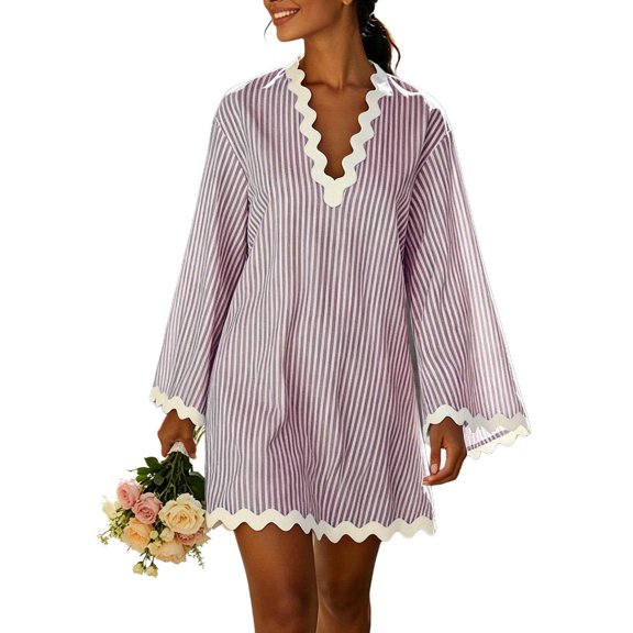 SETOOFF Women Vertical Stripe Mini Tunic Dress V Neck Wavy Trim Bell Long Sleeve Loose Shift Dress Beach Cover Up Casual Vacation Daily Dress