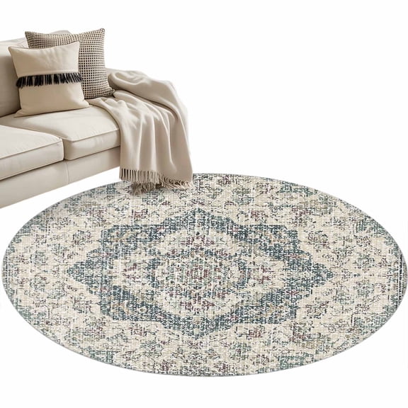 Boho Abstract Flowers Area Rug, Beige Green Retro Medieval National Style Washable Large Circle Carpet, Non Slip Round Rug for Living Room/Bedroom/Dining Room/Home Office/Dorm