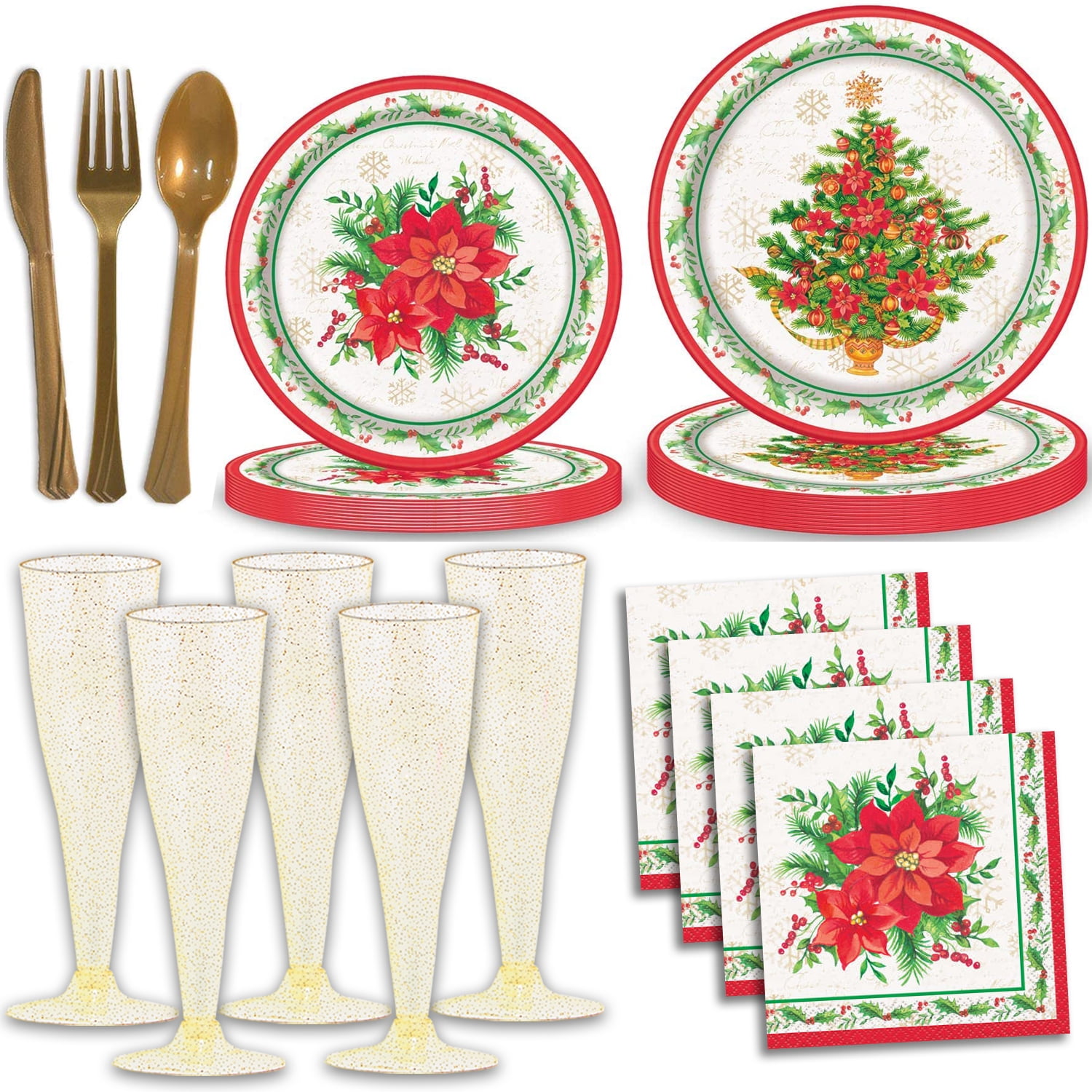 Christmas Party Supplies for 32  Plates, Napkins, Champagne Cups