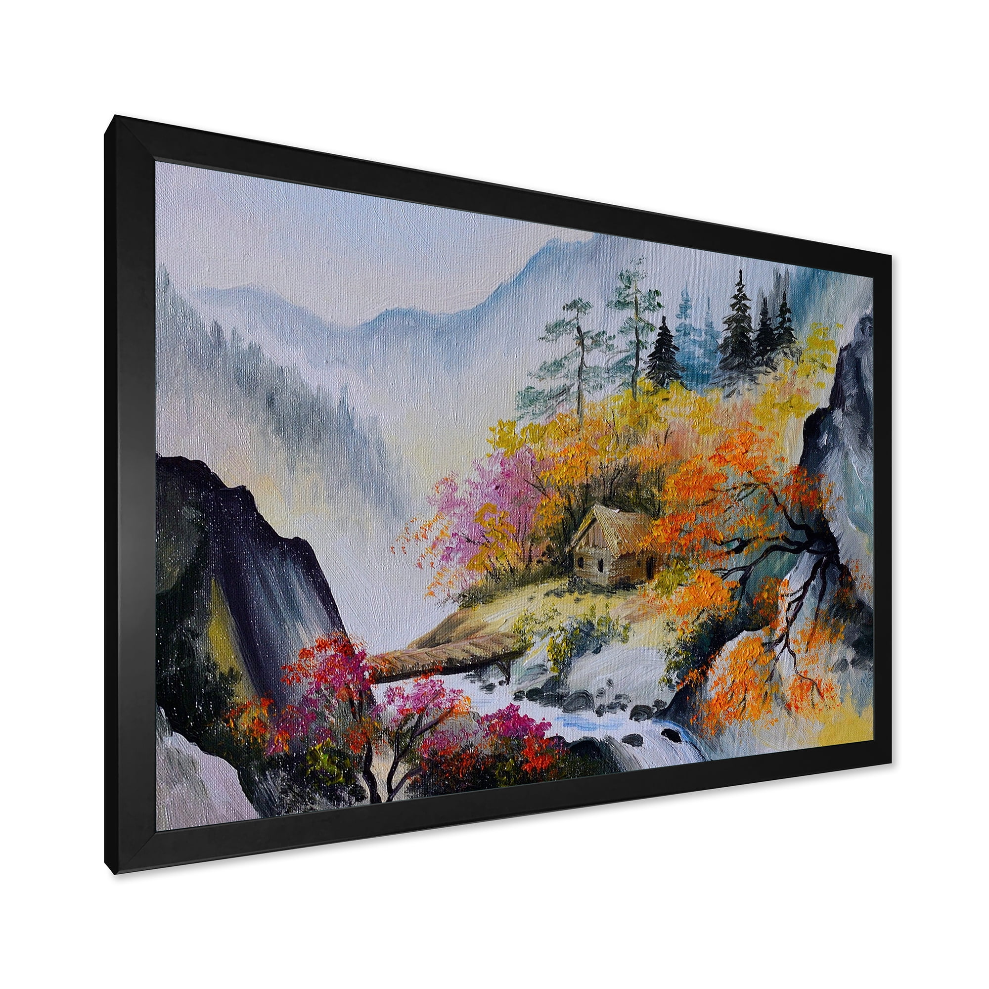 Designart 'VIbrant Mountain Landscape With Little House' Traditional Framed Art Print