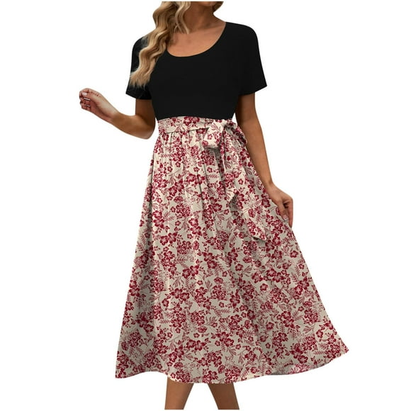 Holiday Savings! Cameland Fashion Women Summer Printing Causal Round Neck Short Sleeve Patchwork Dress