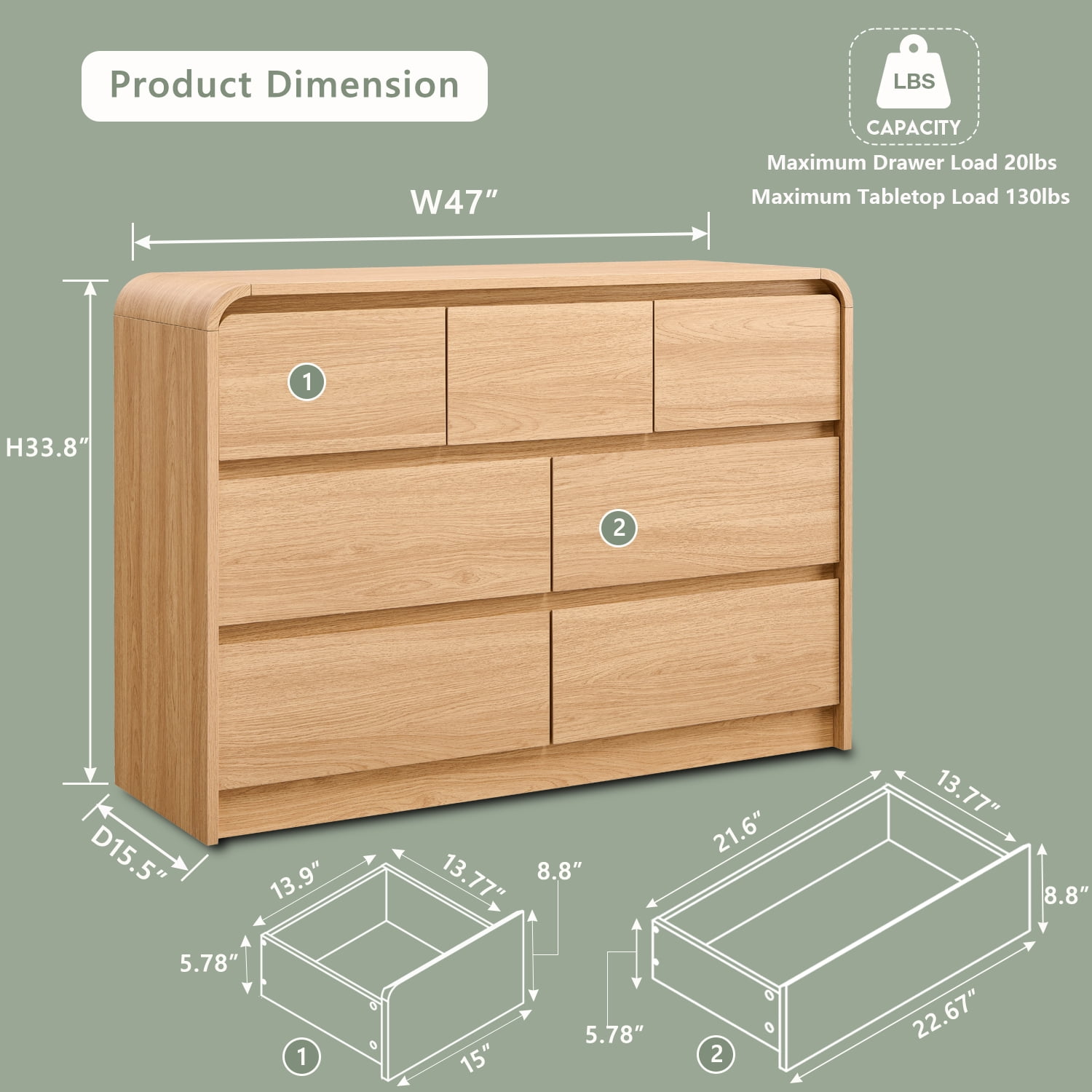 wow97e Modern 7 Drawers Dresser for Bedroom, Mid Century Chests of Drawers w/Curved Profile Design, 47" Wide
