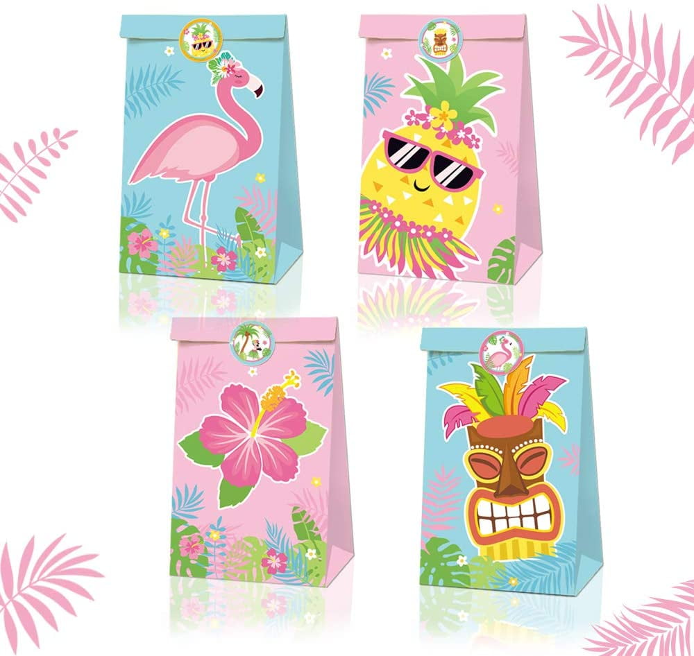 Hawaii Theme Party Paper Gift Bag,Luau Party Treat Bags,20 Pack Flamingo Pineapple Candy Party Goodie Bags with Thank You Stickers for Kids Birthday Party Tropical Baby Shower Summer Decorations