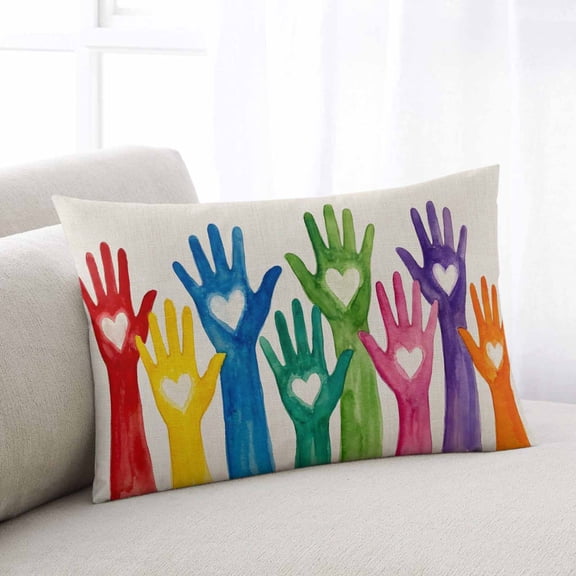 Colorful Hands Print Throw Pillow Covers, Cartoon Cute Funny Love Heart Beige Soft Breathable Pillow Cases with Invisible Zipper for Sleeping, Small Pillowcases for Couch Bed Sofa Chair 16x24 Inches