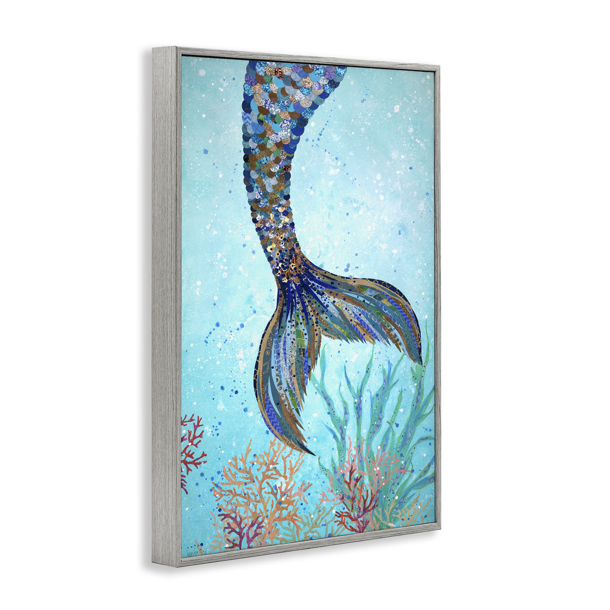 Stupell Industries Tall Tails Mermaid Fairy Tales & Fantasy Painting Gray Framed Art Print Wall Art, 12 x 18