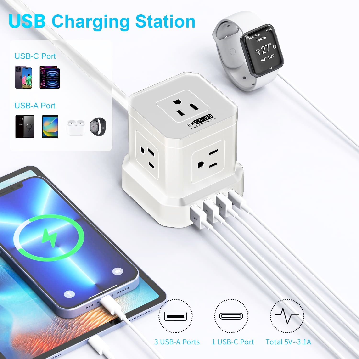 Cube Power Strip with Surge Protection – 10ft Extension Cord, 5 AC Outlets + 3 USB + 1 USB-C Fast Charging Ports, Mountable Charging Station with On/Off Switch