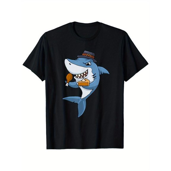 Thanksgiving Shark T-Shirt, Graphic Tees for Men, Comfort Vintage Top, Eat Turkey Leg Pumpkin Pie Print Tee, Casual Streetwear T-Shirts,Funny,cotton,black,S-5XL
