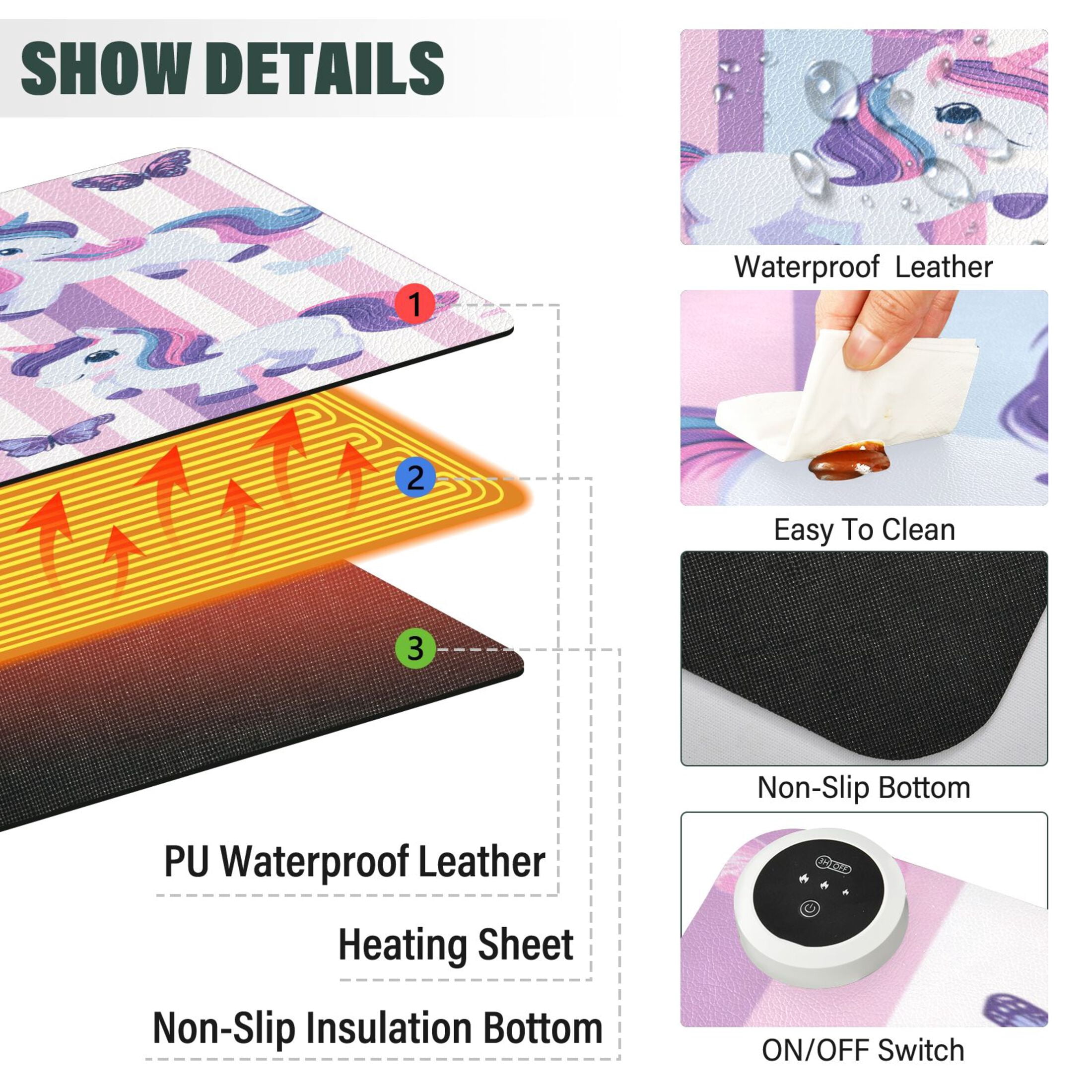 Large Heated Desk Mat Mouse Pad 31.5"x13"PU Leather Graphene Heating Desk Warmer with 3 Temperature Settings 110V US Plug Non-Slip Warm Pad for Home, Office, and Gaming Cute Pastel Unicorn Stripe