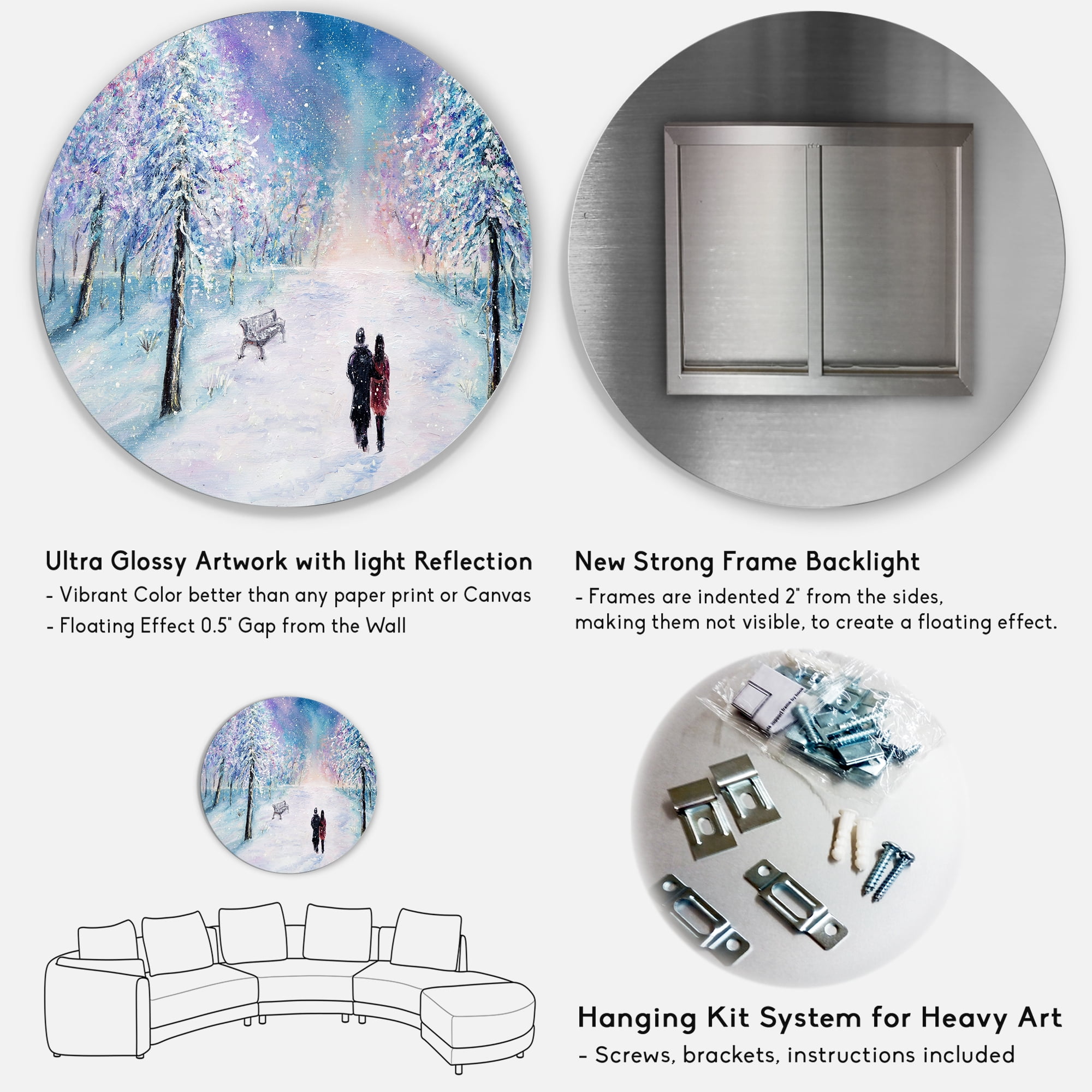 Designart 'Couple In Love Walks During Snowy Winter Times' Traditional Circle Metal Wall Art 29x29 - Disc of 29